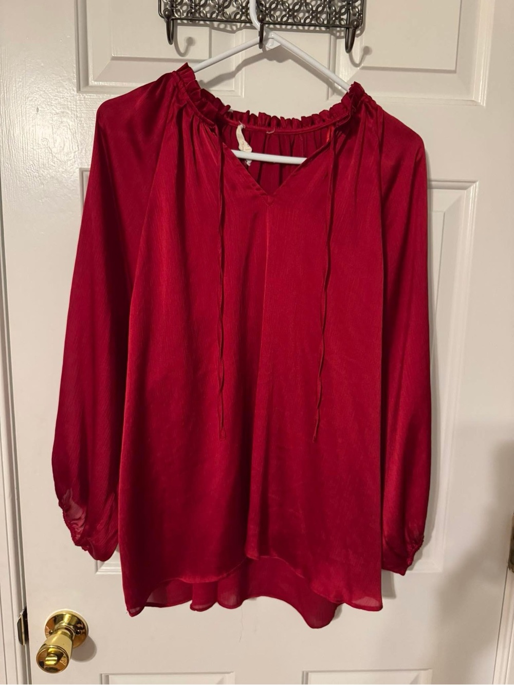 Women's Red Tie-Neck Peasant Blouse